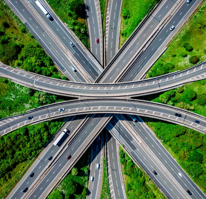 Overlapping roads with green surroundings